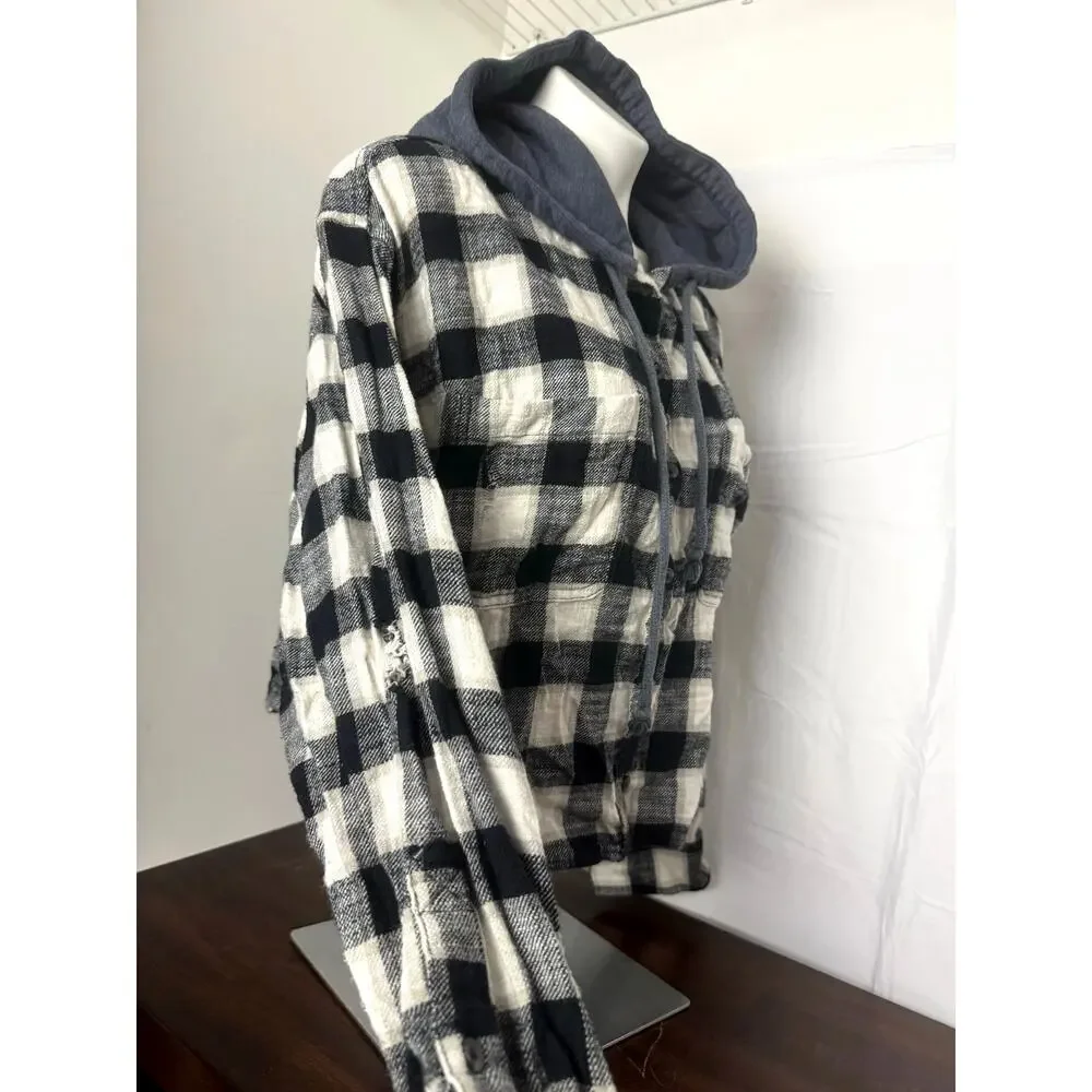American Eagle Y2K Cropped, Hooded Distressed Flannel Top XL - Picture 3 of 8